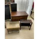 MAHOGANY TWO DRAW CHEST WITH A SMALL TWO SHELF UNIT WITH BOBBIN SUPPORTS ALSO MID-CENTURY SINGLE