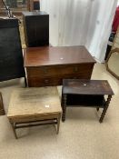 MAHOGANY TWO DRAW CHEST WITH A SMALL TWO SHELF UNIT WITH BOBBIN SUPPORTS ALSO MID-CENTURY SINGLE