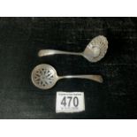 TWO HALLMARKED SILVER SIFTER SPOONS, ONE WITH SHELL SHAPED BOWL DATED 1921 BY ATKIN BROTHERS 40