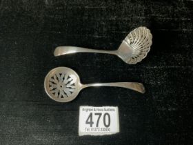 TWO HALLMARKED SILVER SIFTER SPOONS, ONE WITH SHELL SHAPED BOWL DATED 1921 BY ATKIN BROTHERS 40