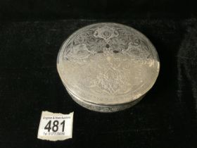 HEAVY 19TH-CENTURY RUSSIAN HALLMARKED SILVER ENGRAVED CIRCULAR LIDDED CONTAINER, 13CM 336 GRAMS