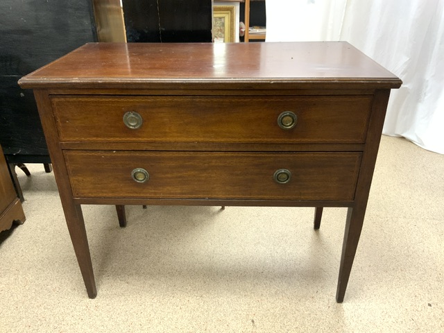 MAHOGANY TWO DRAW CHEST WITH A SMALL TWO SHELF UNIT WITH BOBBIN SUPPORTS ALSO MID-CENTURY SINGLE - Image 4 of 5
