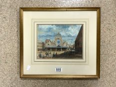 M. DANES, GOUACHE DRAWING OF A CONTINENTAL STREET SCENE WITH NUMEROUS FIGURES 'SUNNY PIAZZA', SIGNED