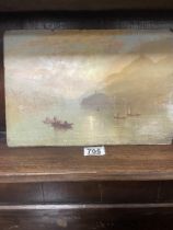 UNSIGNED EARLY OIL ON BOARD OF A LAKE SCENE UNFRAMED 35 X 24CM