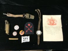 925 SILVER WATCH, HUDSONS THE THUNDERER WHISTLE, TRENCH ART LIGHTER AND MORE