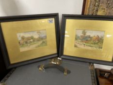 TWO SIGNED WATERCOLOURS WITH FIGURES AND CHICKENS BY COTTAGES BOTH FRAMED AND GLAZED 37 x 31cm