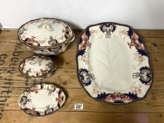 LARGE ROYAL CROWN DERBY OVAL MEAT PLATE, MATCHING OVAL TUREEN AND SAUCE TUREEN WITH STAND AND IRON