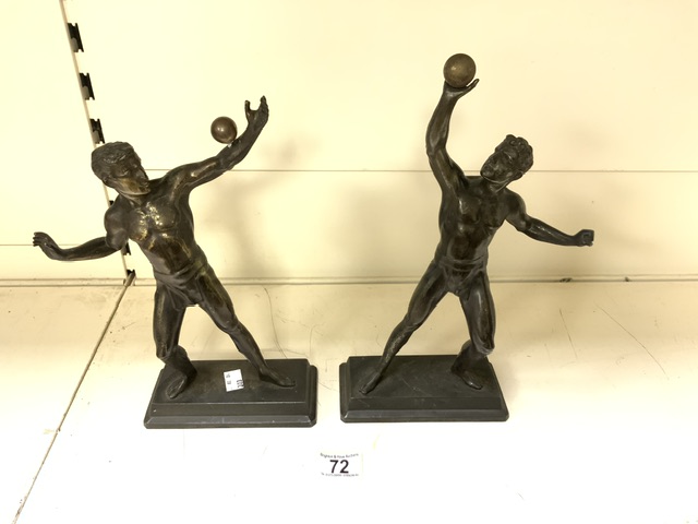 PAIR OF BRONZED SPELTER FIGURES OF MALE ATHLETES ON RECTANGULAR BASES; LARGEST 33CM