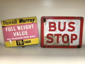 TWO VINTAGE ENAMEL SIGNS; DOUBLE SIDED BUS STOP AND PASCALL MURRAY; LARGEST 34 X 24.5CM