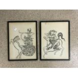 TWO SIGNED BALINESE WATERCOLOUR AND GILDING PICTURES BOTH FRAMED AND GLAZED; 39 X29CM