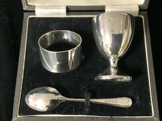 A CASED STERLING SILVER CHRISTENING SET; NAPKIN RING AND EGG CUP BY ELKINGTON & CO; BIRMINGHAM 1948, - Image 5 of 9