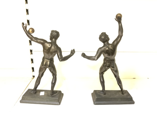 PAIR OF BRONZED SPELTER FIGURES OF MALE ATHLETES ON RECTANGULAR BASES; LARGEST 33CM - Image 3 of 4