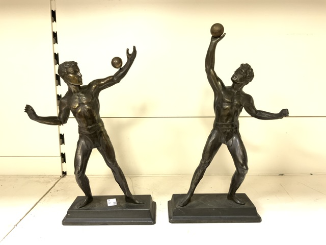 PAIR OF BRONZED SPELTER FIGURES OF MALE ATHLETES ON RECTANGULAR BASES; LARGEST 33CM - Image 2 of 4