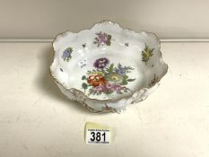 LATE 19TH/20TH CENTURY DRESDEN SCALLOPED SHAPED BOWL HANDPAINTED WITH FLOWERS; 22CM