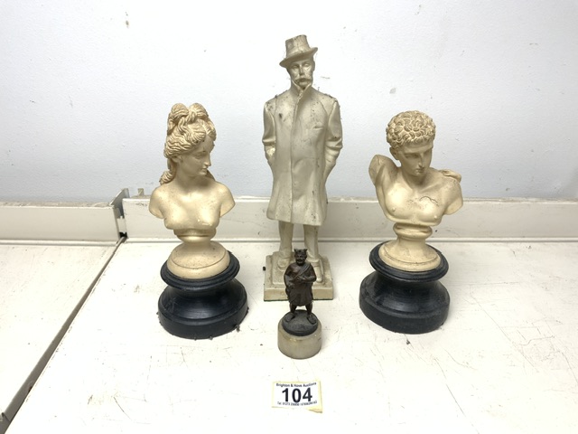 TWO FIGURES ONE BRONZE AND THE OTHER PUCCINI; 27CM WITH TWO ROMAN BUSTS ON STANDS