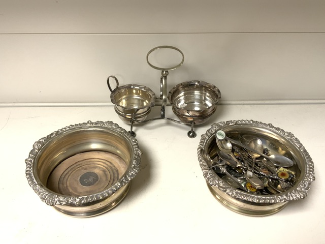 QUANTITY OF SILVER-PLATE INCLUDES TRAYS. TEA AND COFFEE SET, WINE COASTERS, PLATED SPOONS AND MORE - Image 2 of 6