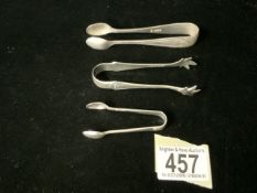 A PAIR OF STERLING SILVER SUGAR TONGS; SHEFFIELD 1916; DECORATIVE ARMS, A SMALL PAIR OF STERLING