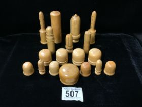 A QUANTITY OF TURNED WOOD JARS, BOXES AND GLOVE POWDERERS; VARIOUS SHAPES AND SIZES