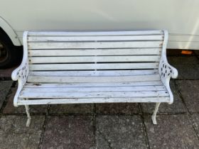 PAINTED WHITE GARDEN BENCH WITH CAST IRON ENDS (A/F)