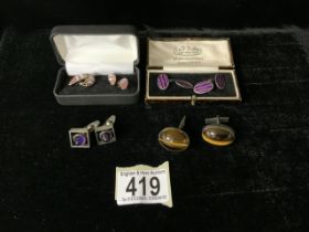 PAIR OF DANISH SILVER CUFFLINKS STAMPED N.E.FROM; 925; INSET WITH PURPLE CONICALS, ANOTHER PAIR OF