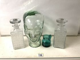 MIXED GLASS WARE MOULDED HEAD; 30CM, TWO DECANTERS AND MORE