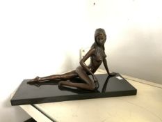 BRONZE RECLINING FEMALE NUDE 'PRAGUE' ON A BLACK MARBLE BASE 38 X 15CM, BY JONATHAN WYLDES (BORN