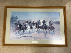 A DASH FOR TIMBER PRINT BY FREDERIC REMINGTON (AMERICAN 1861-1909); FRAMED AND GLAZED IN PINE; 112 X