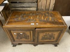 CARVED WOODEN CUPBOARD WITH THREE INTERNAL DRAWERS; 84 X 42CM