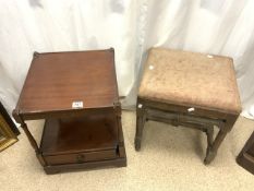 WOODEN STOOL AND BEDSIDE TABLE