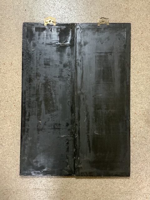 TWO BLACK LACQUERED ORIENTAL PANELS WITH MOTHER OF PEARL AND GILDING DECORATION; 70 X 25CM - Image 4 of 4