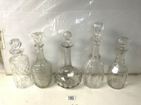 FIVE VINTAGE CUT GLASS DECANTERS