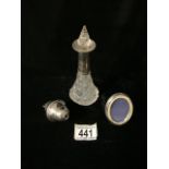 AN ANTIQUE STERLING SILVER MOUNTED CUT GLASS CRUET BOTTLE; BIRMINGHAM 1923; WITH STOPPER, A SMALL