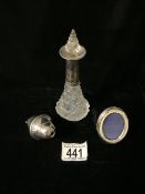 AN ANTIQUE STERLING SILVER MOUNTED CUT GLASS CRUET BOTTLE; BIRMINGHAM 1923; WITH STOPPER, A SMALL