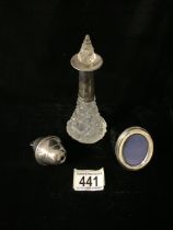 AN ANTIQUE STERLING SILVER MOUNTED CUT GLASS CRUET BOTTLE; BIRMINGHAM 1923; WITH STOPPER, A SMALL