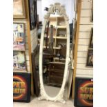 VINTAGE ORNATE CREAM OVAL BEVELLED CHEVAL MIRROR; 160 X 49CM