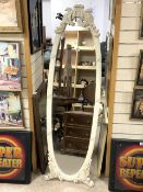 VINTAGE ORNATE CREAM OVAL BEVELLED CHEVAL MIRROR; 160 X 49CM