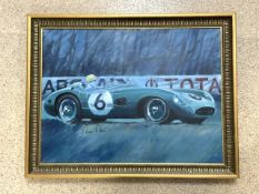 PAUL FRERE OIL ON CANVAS DRIVING A ASTON MARTIN DBRI/300 AT LE MANS 1959 WITH AUTHENTICITY ON VERSO;