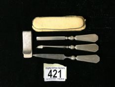 A FOUR PIECE SILVER MOUNTED MANICURE SET; THE BUFFER BY MAPPIN & WEBB; BIRMINGHAM 1941; ENGINE