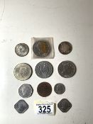 MIXED SILVER CONTENT COINS, ONE POUND JERSEY, 25 PENCE JERSEY, 1964 HALF DOLLAR AND MORE