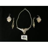 A SET OF STERLING SILVER DESIGNER JEWELLERY COMPRISING A CHOKER AND TWO PAIRS OF DROP EARRINGS;