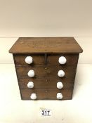 MINIATURE APPRENTICE CHEST OF DRAWS MADE FROM CIGAR BOXES WITH CERAMIC HANDLES; 20 X 20CM