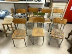 SEVEN VINTAGE CHILDREN SCHOOL CHAIRS WITH A VINTAGE WOODEN STOOL
