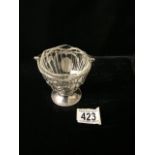 A GEORGE III STERLING SILVER SUGAR BASKET; MAKERS MARK WH LONDON 1772; ROPE TWIST SWING HANDLE AND