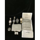 FIVE SEIKO WATCHES (ONE WITHOUT STRAP); INCLUDING TWIN QUARTZ, SPORTS 150 AND SQ100; WITH RELATED