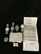 FIVE SEIKO WATCHES (ONE WITHOUT STRAP); INCLUDING TWIN QUARTZ, SPORTS 150 AND SQ100; WITH RELATED