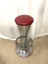 HEAVY CHROME AND RED LEATHER BAR STOOL ORIGINALLY FROM 'SHERRYS NIGHTCLUB BRIGHTON', 82CM