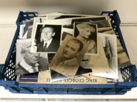 QUANTITY OF EARLY POSTCARDS, STAMPS, CIGARETTE CARDS AND BLACK AND WHITE PHOTOS OF STARS AND MORE