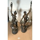 TWO BRONZED SPELTER CLASSICAL FIGURES ON STAND; 74CM