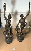 TWO BRONZED SPELTER CLASSICAL FIGURES ON STAND; 74CM