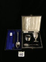 A CASED STERLING SILVER CHRISTENING SET; NAPKIN RING AND EGG CUP BY ELKINGTON & CO; BIRMINGHAM 1948,